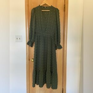 Olive green tiered maxi dress with sleeves. Sz Medium.